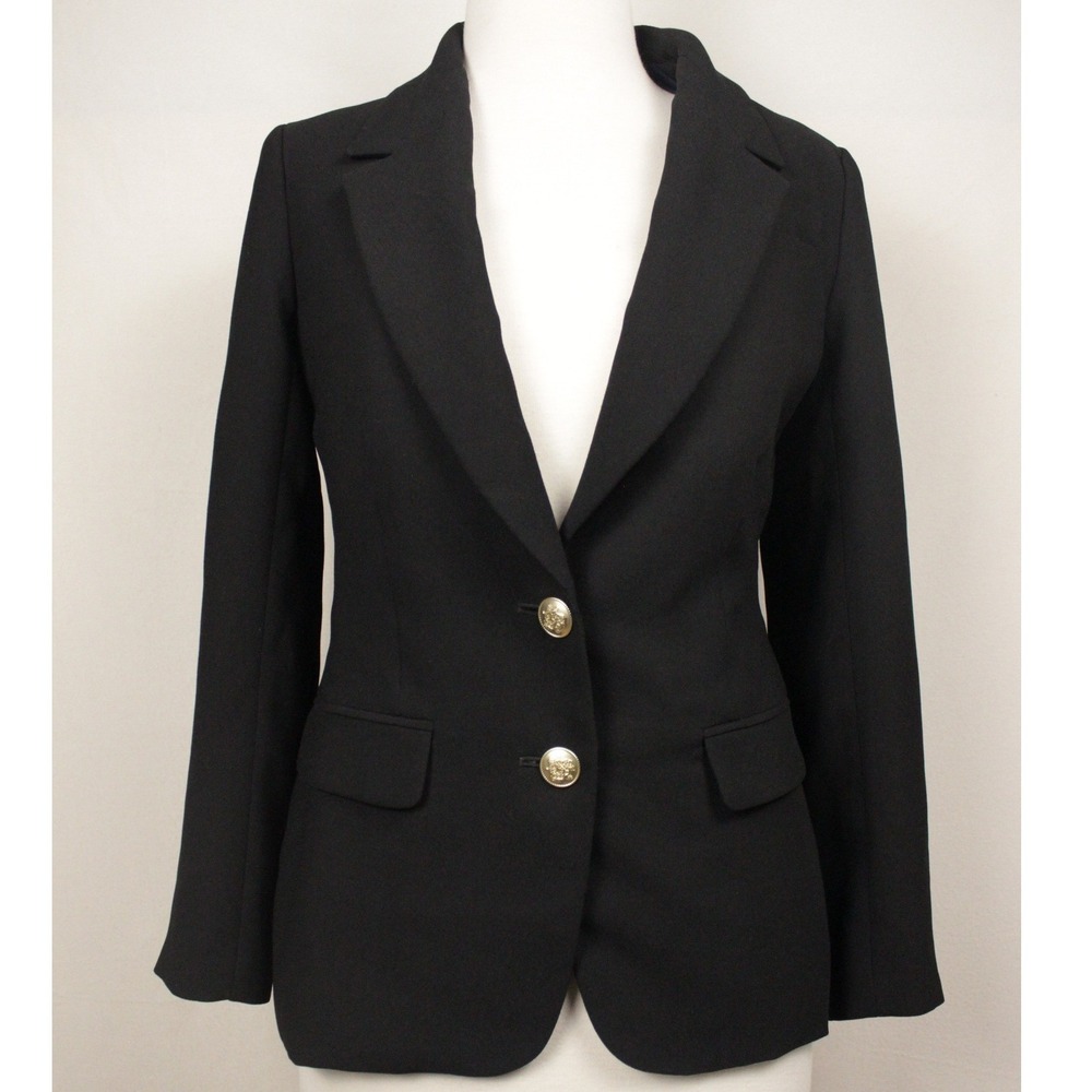 J.Crew Willa Crepe Blazer Black Gold Crest Buttons Womens 0 Tailored